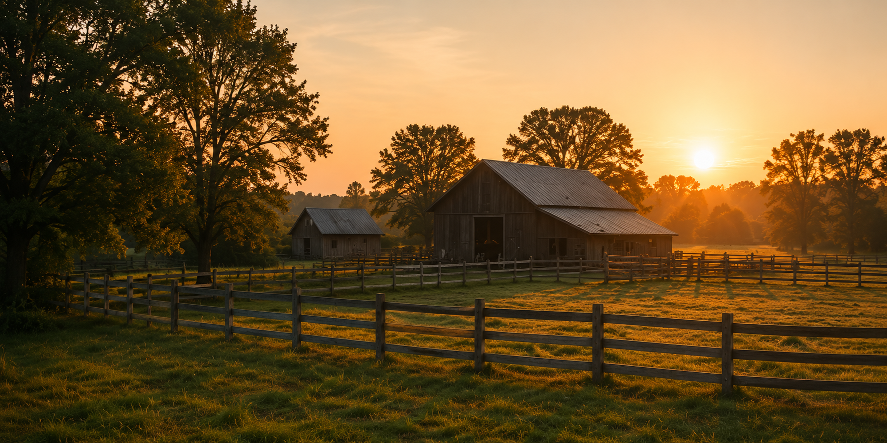 Brown barn and homestead at sunset